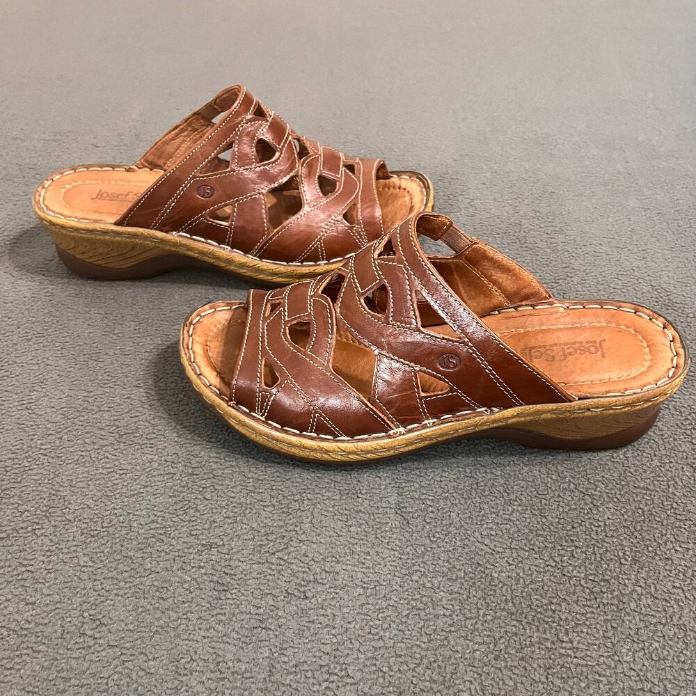 Josef Seibel Leather Sandals EU 39 US 8.5 Brown Boho Coastal Granola Slide Wedge
